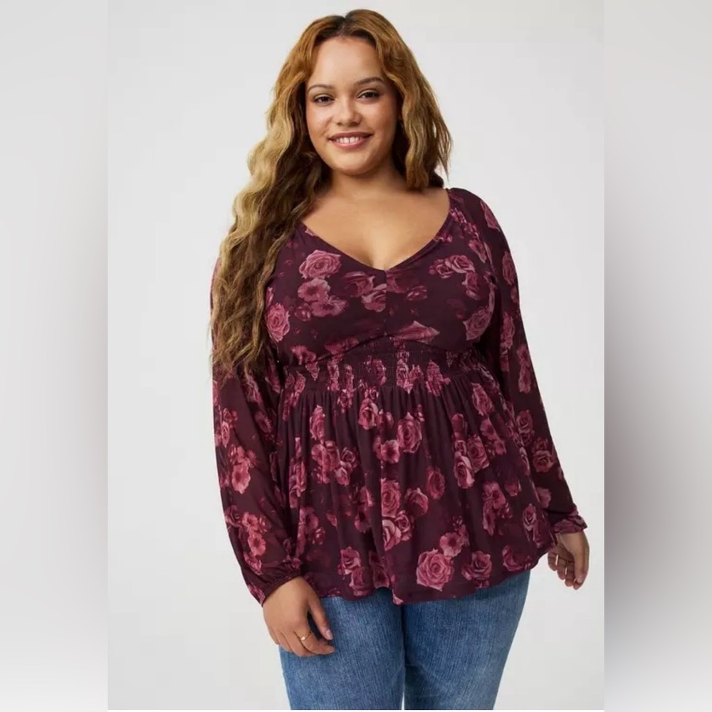 Torrid Fading Roses Floral Winetasting Babydoll with Long Mesh Sleeves Top 3X